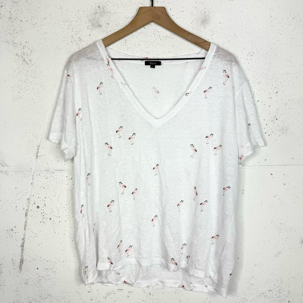 Rails Cara Flamingo V Neck White Tee Shirt Size Medium